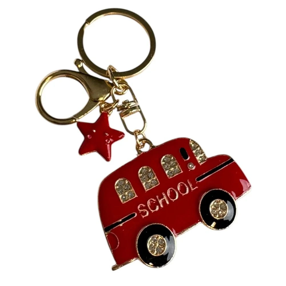 School Bus Keychain Red Gold Star Charm Back to School Gift